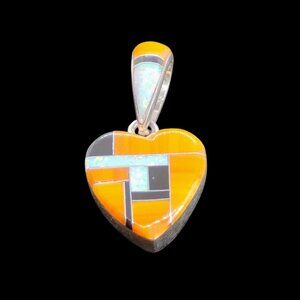 Signed SM Sterling Heart Shaped Inlay Gemstone Pendant Reversible Double Sided